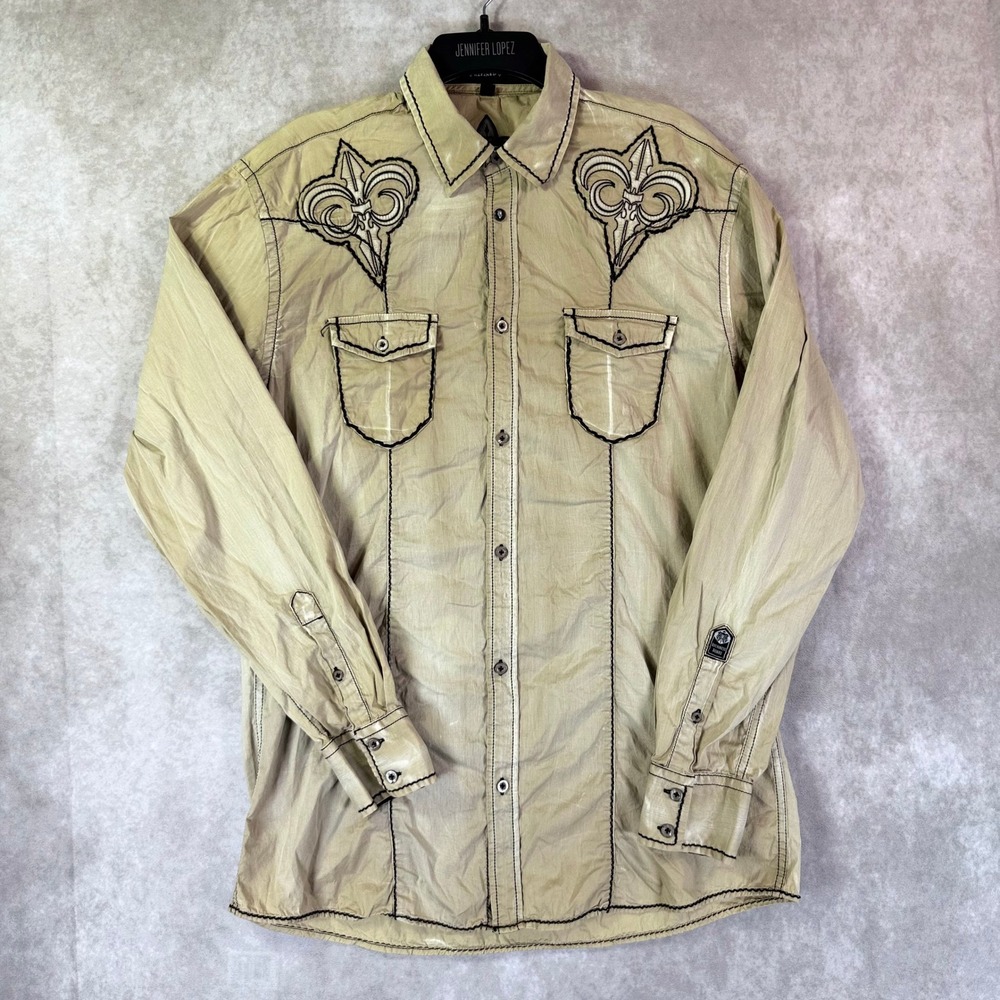 Roar Button Shirt Mens L Tan Fleur-de-lis Embroidered Western Y2K Grunge Cowboy